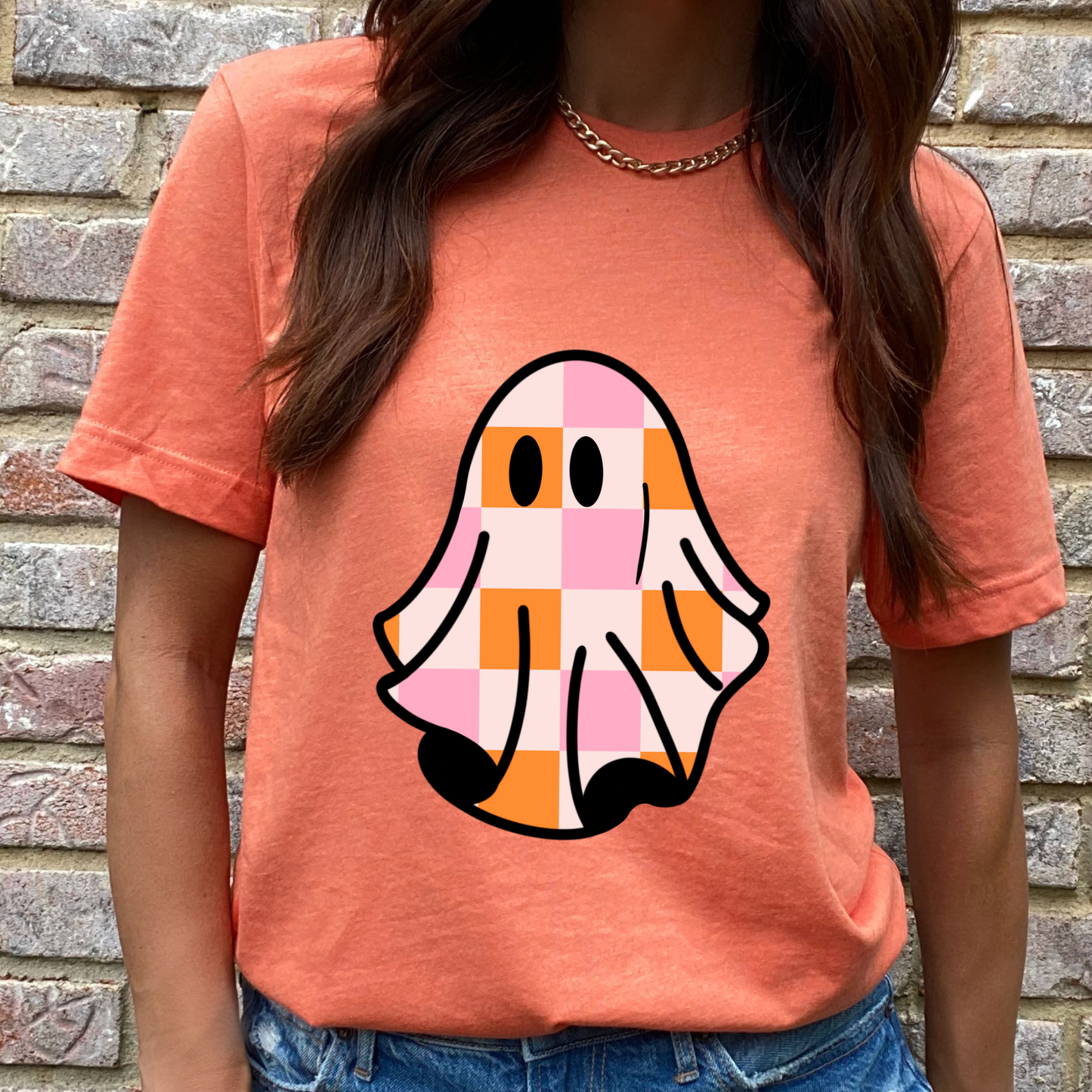 Pink and Orange Checkered Ghost Graphic Tee
