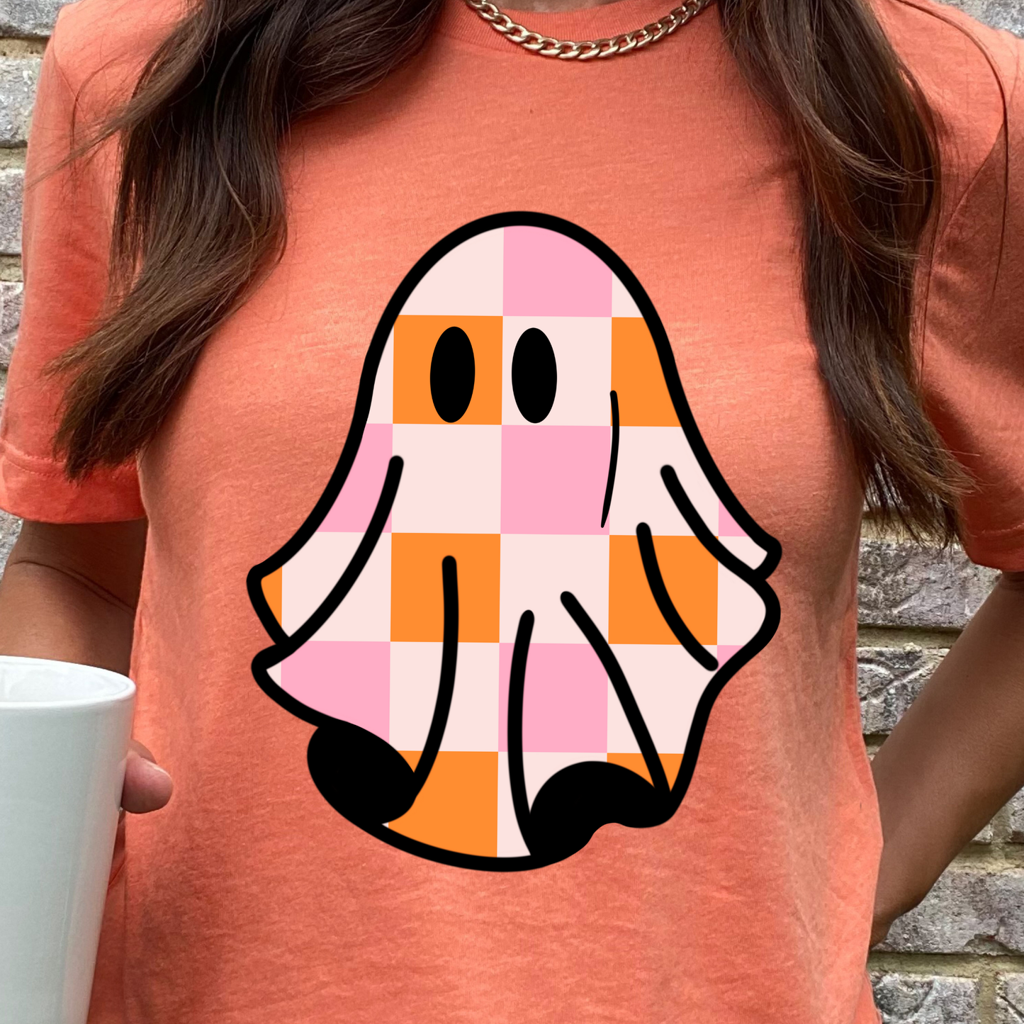 Pink and Orange Checkered Ghost Graphic Tee