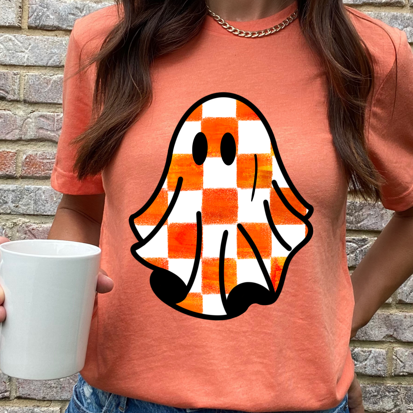 Rustic Orange Checkered Ghost Heather Orange Graphic Tee