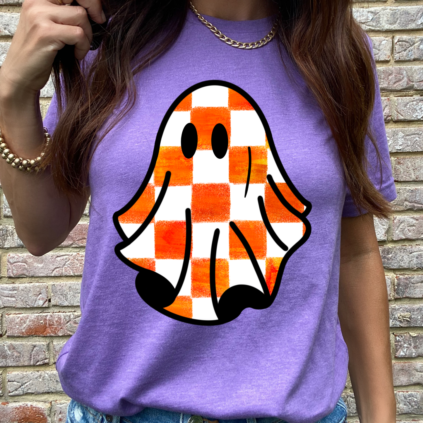 Rustic Orange Checkered Ghost Purple Graphic Tee