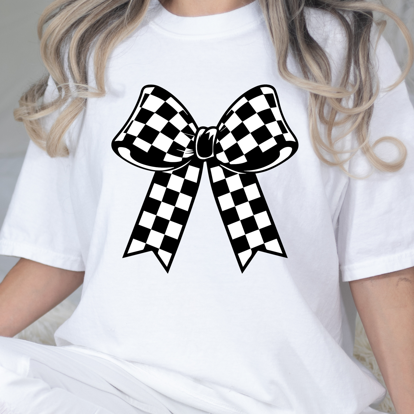 Black and White Checkered Bow Graphic Tee