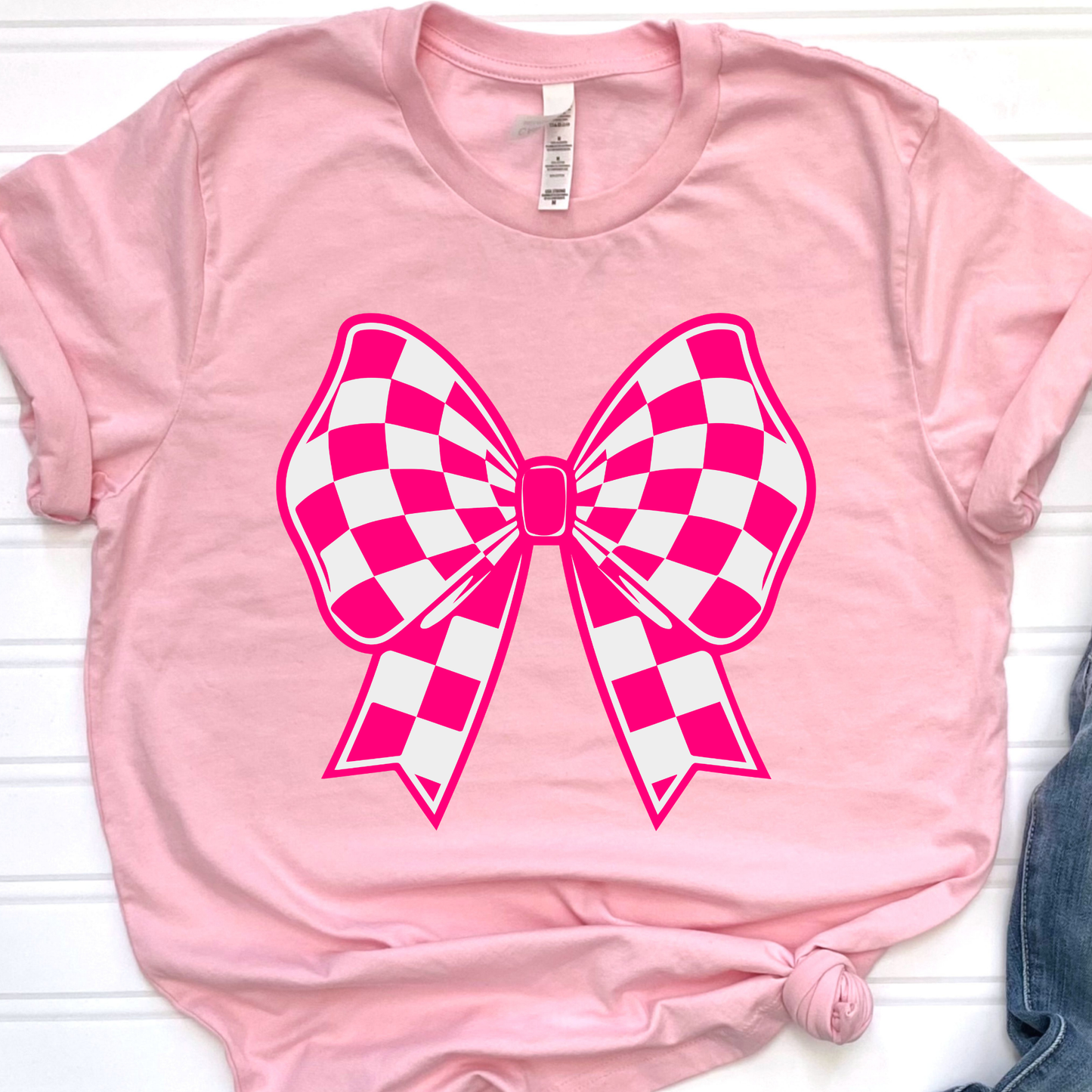 Pink and White Checkered Bow Graphic Tee