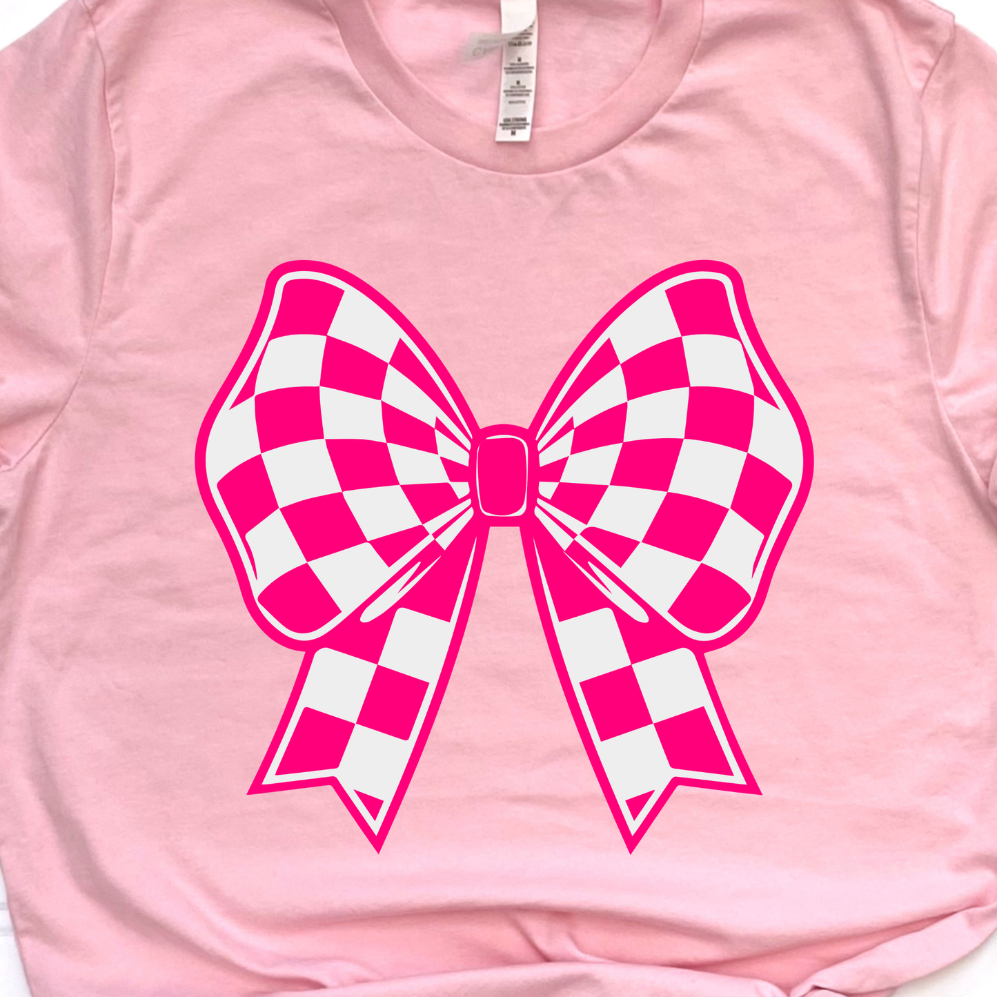 Pink and White Checkered Bow Graphic Tee