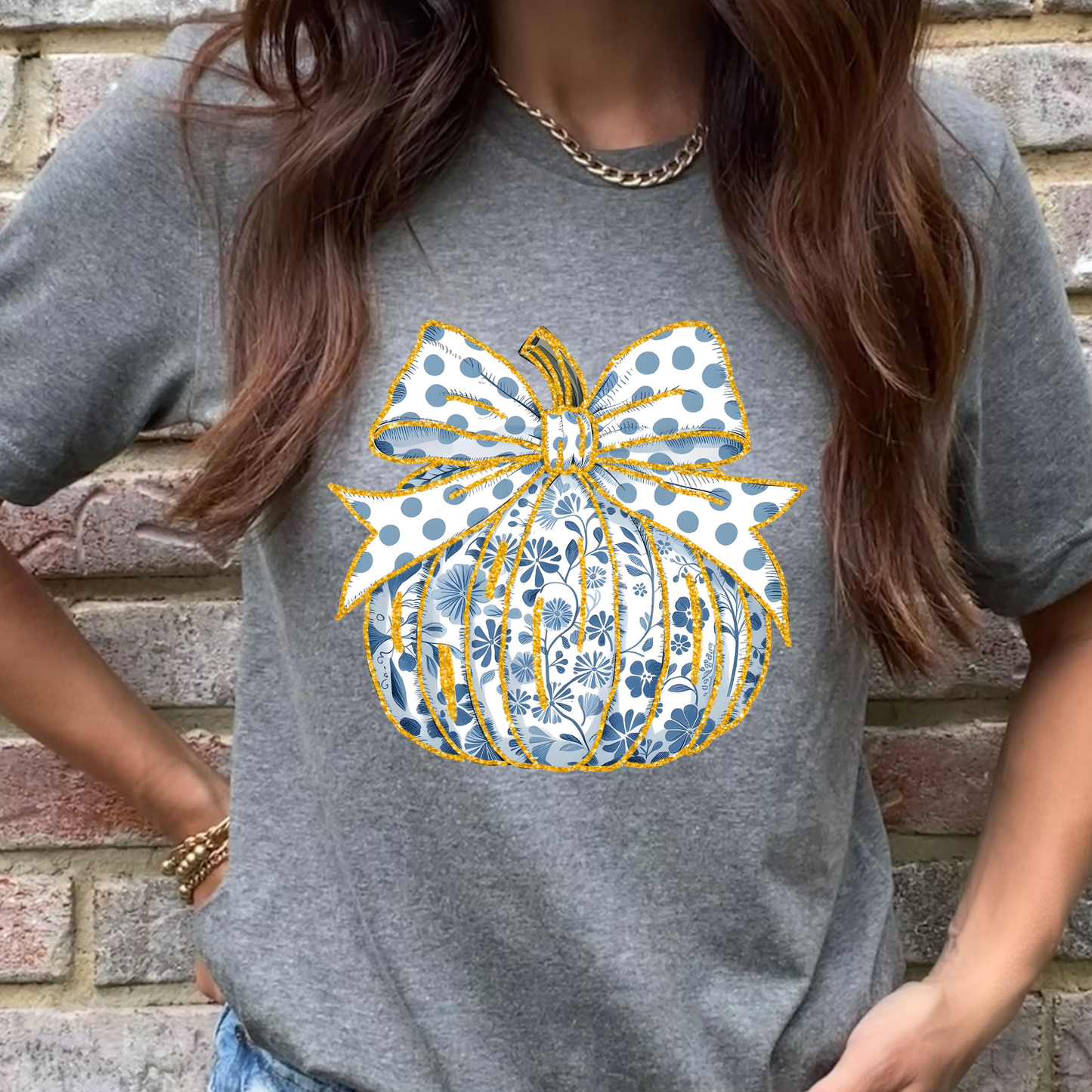 Blue and White Floral Pumpkin Grey Graphic Tee