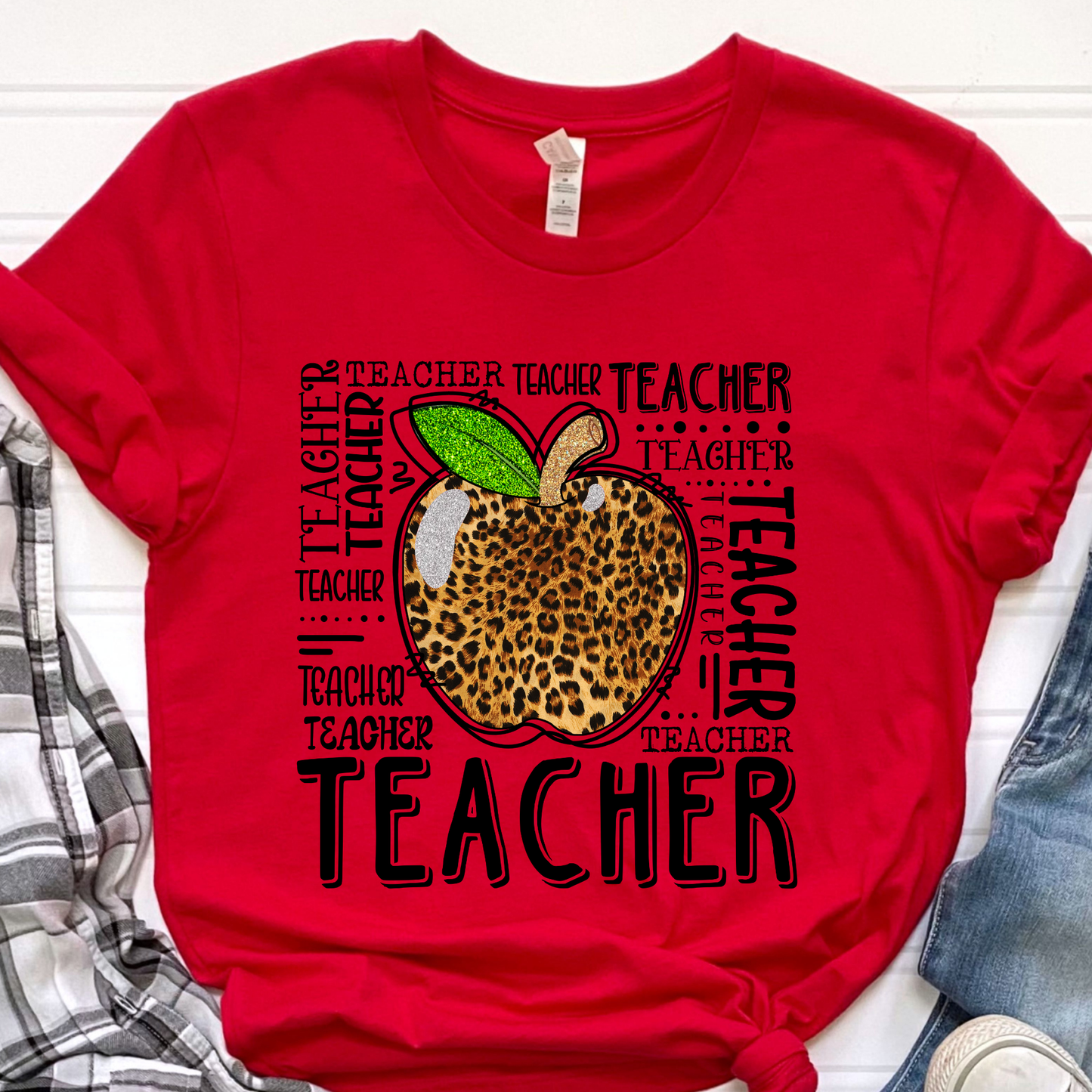 Teacher Leopard Print Apple Graphic Tee