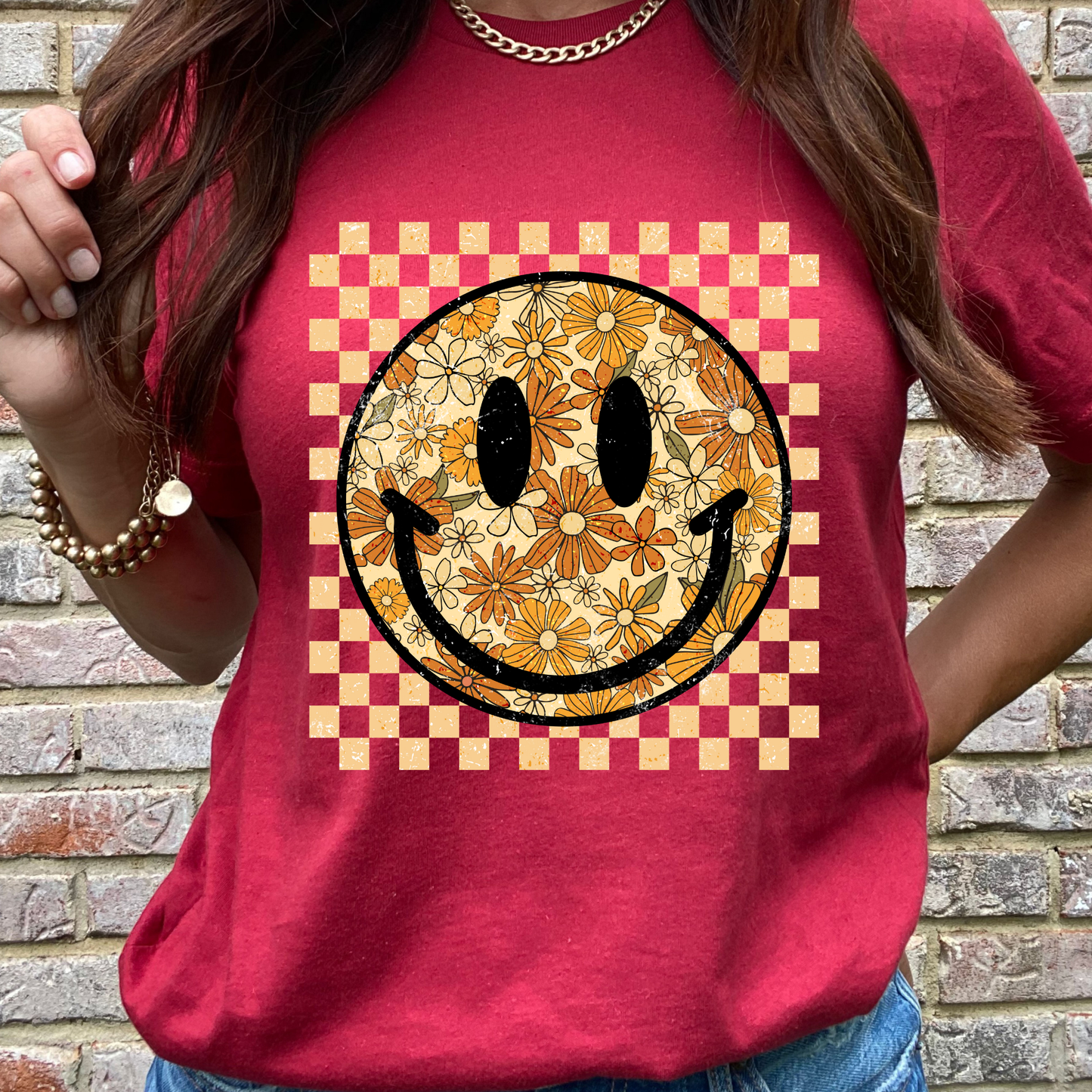 Checkered Fall Florals Red Graphic Tee