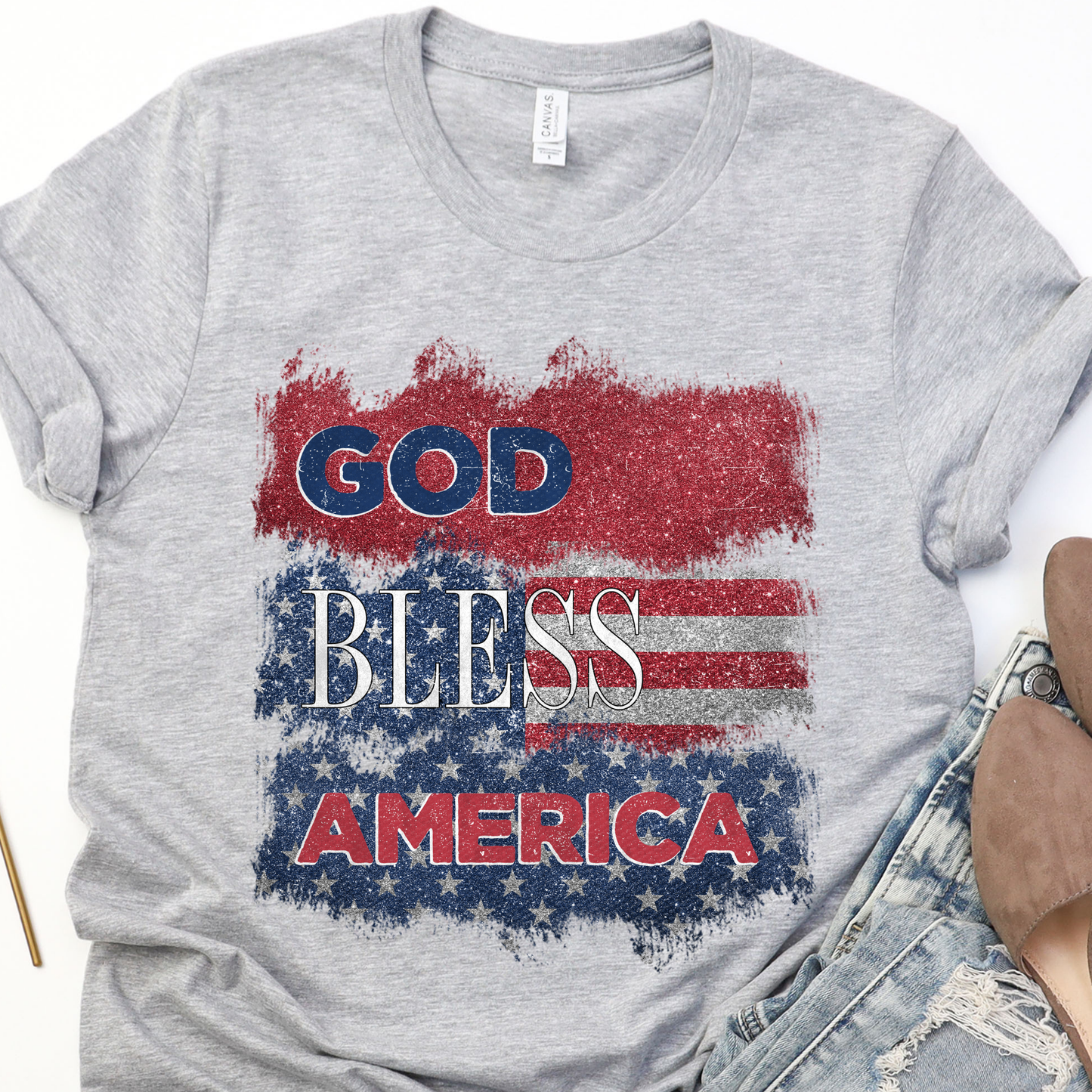 God Bless America Glitter Grey Graphic Tee