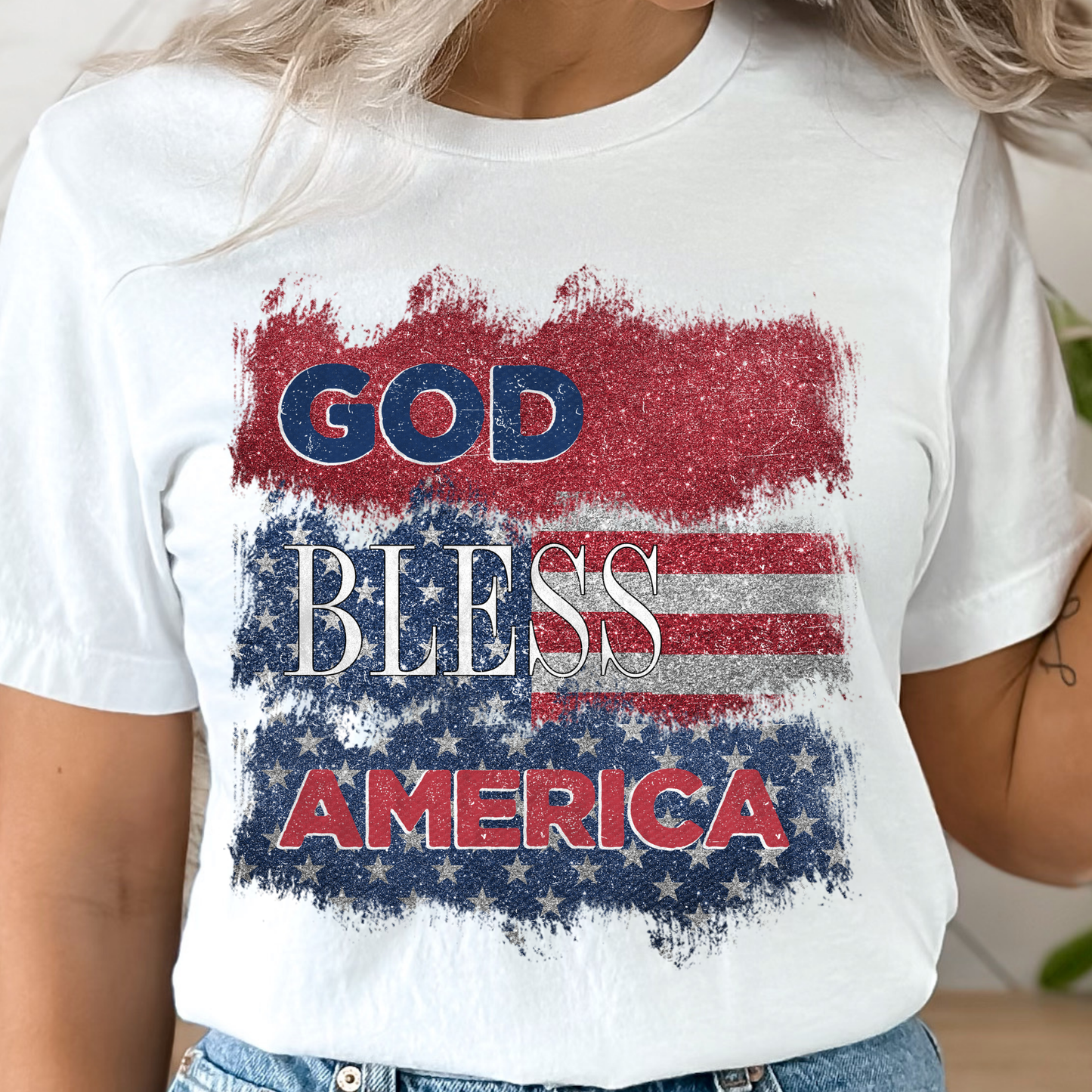 God Bless America Glitter White Graphic Tee