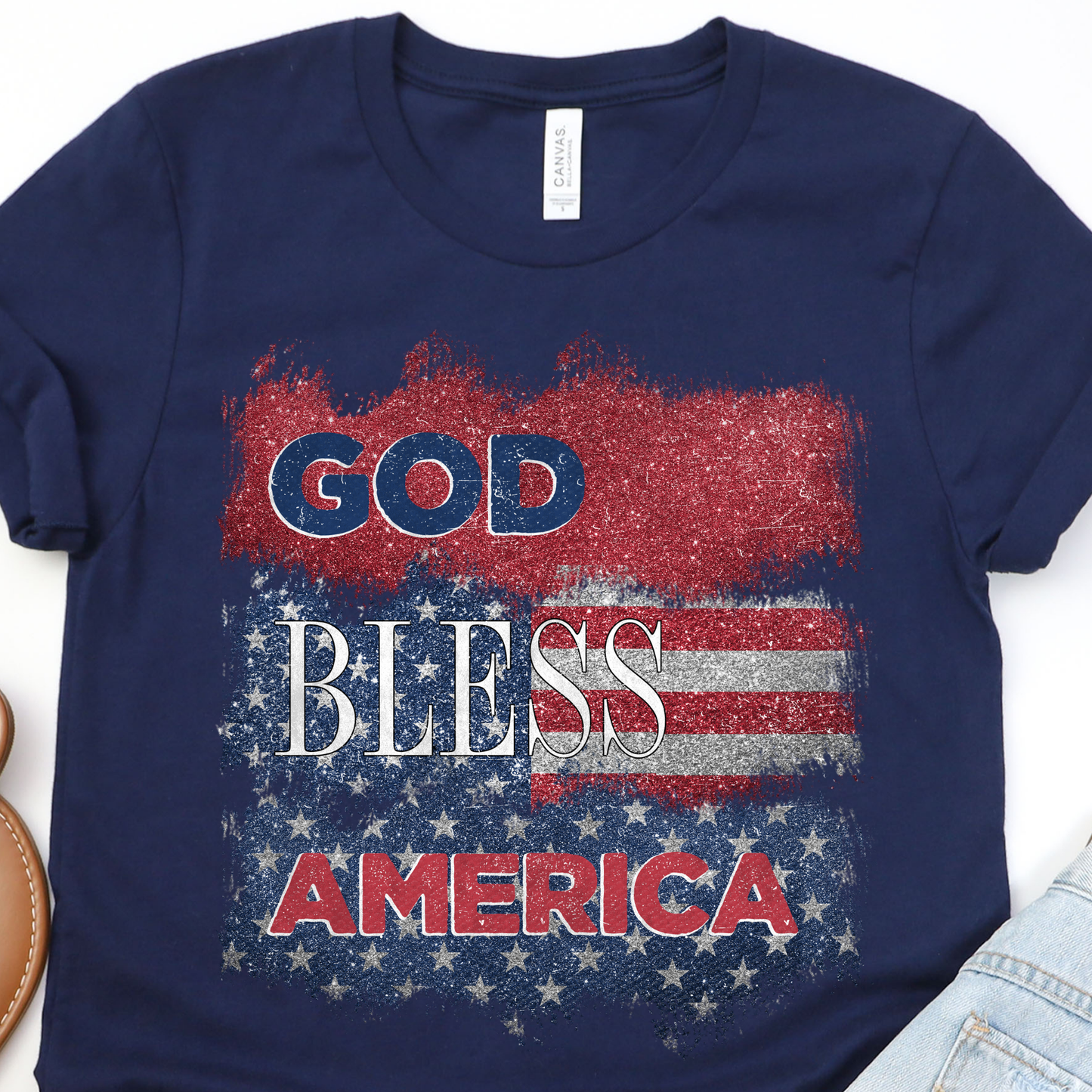 God Bless America Glitter Navy Graphic Tee