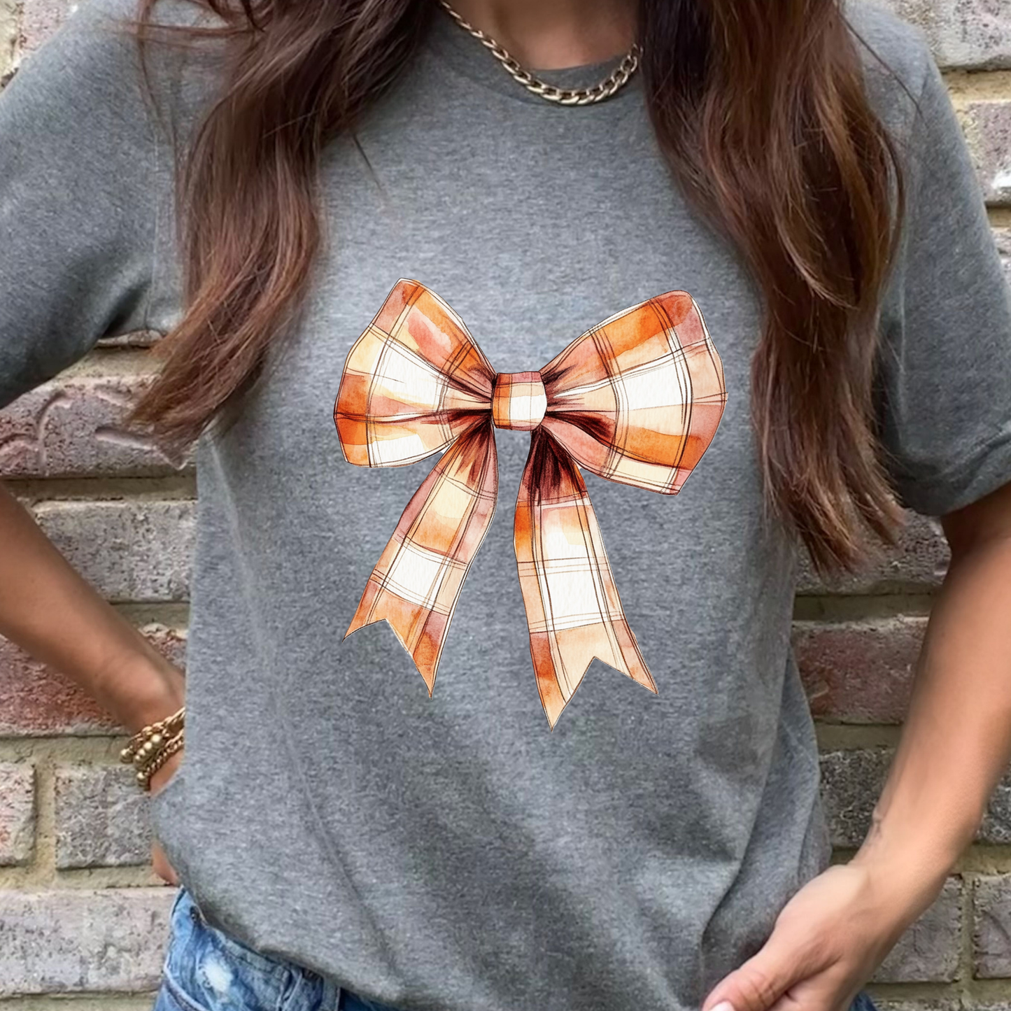 Orange Plaid Bow Graphic Tee