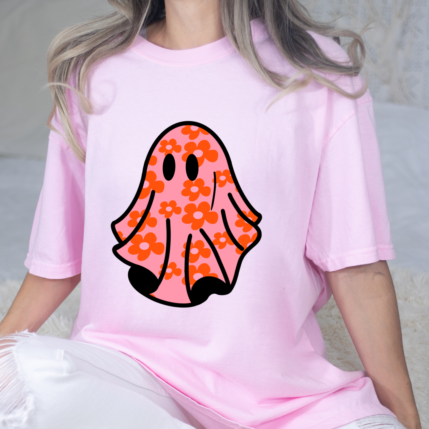 Orange and Pink Floral Ghost Graphic Tee