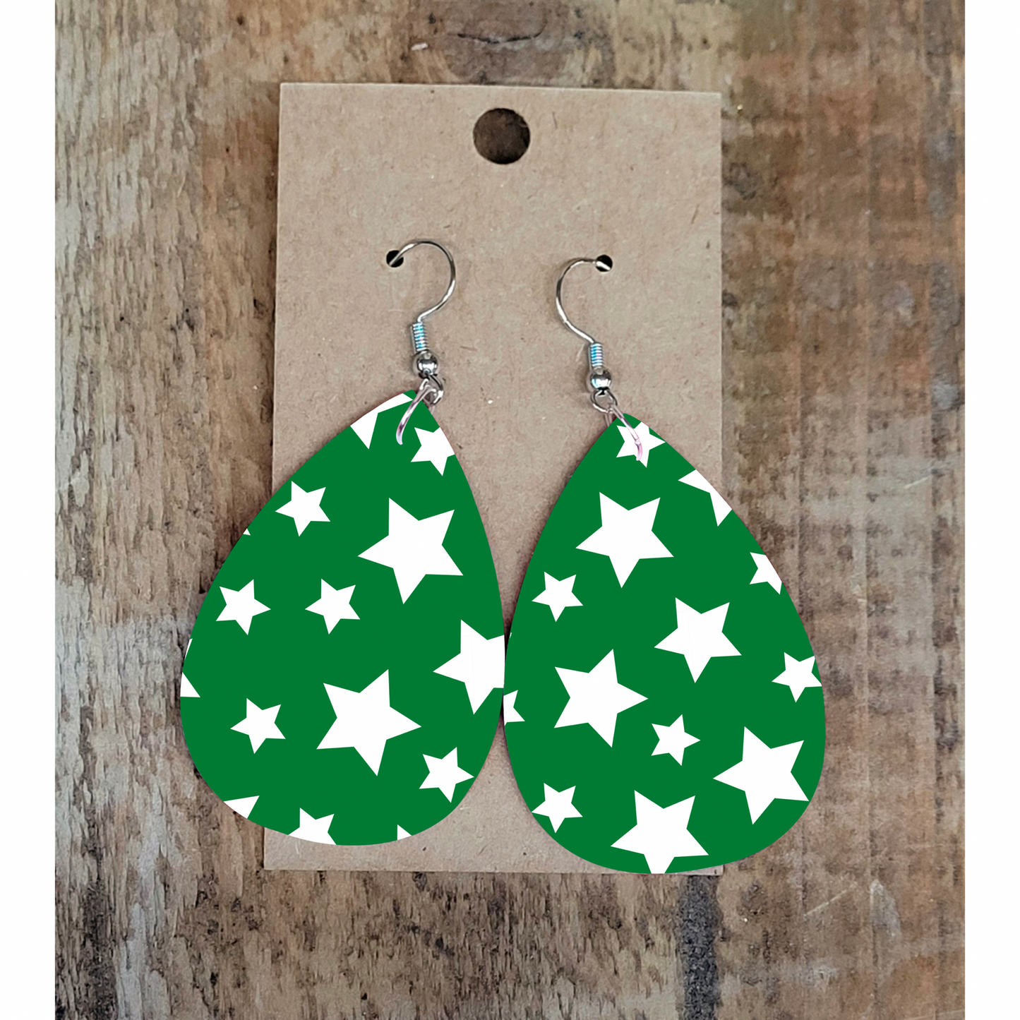 Green and White Star Earrings
