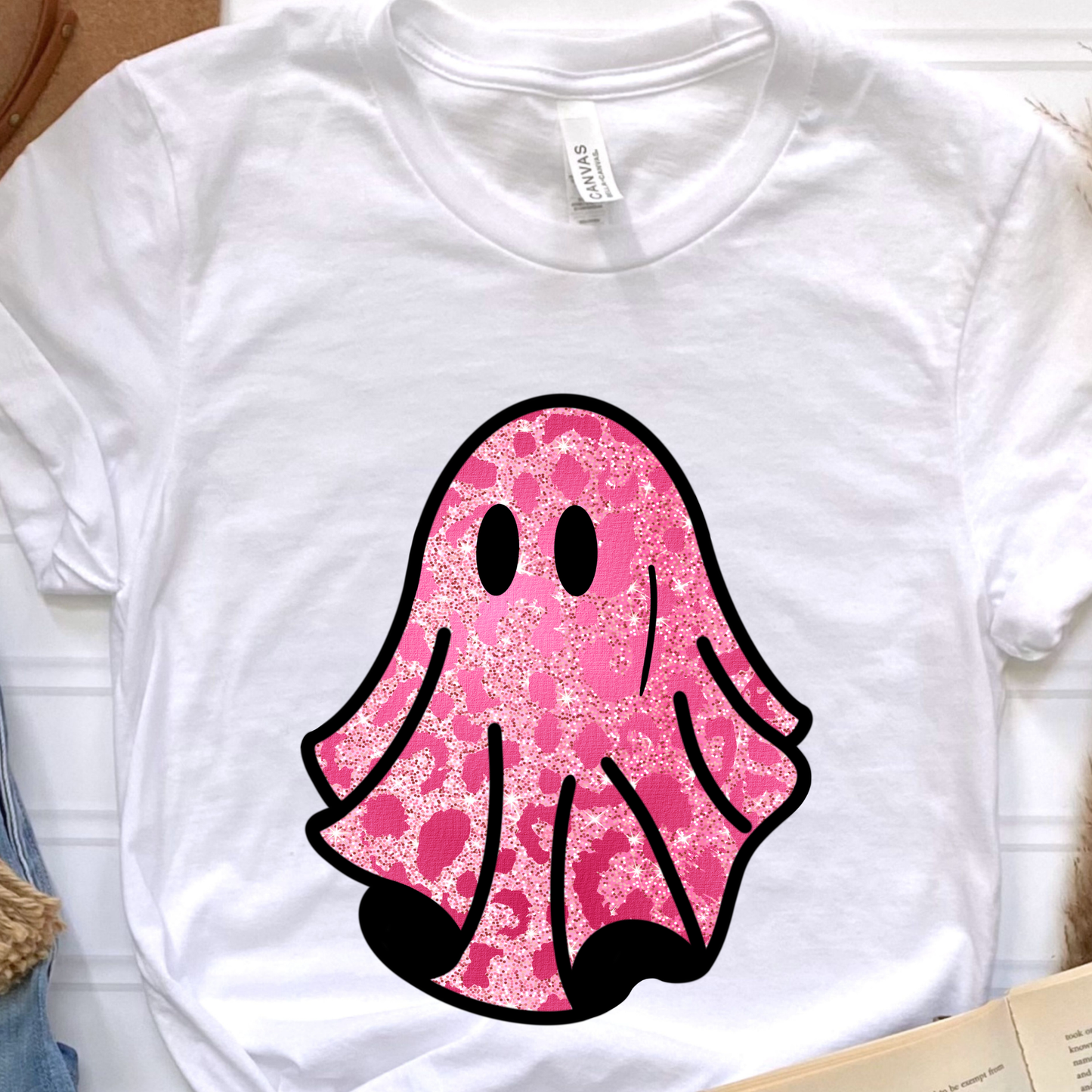 Pink Glitter Leopard Print Ghost Graphic Tee