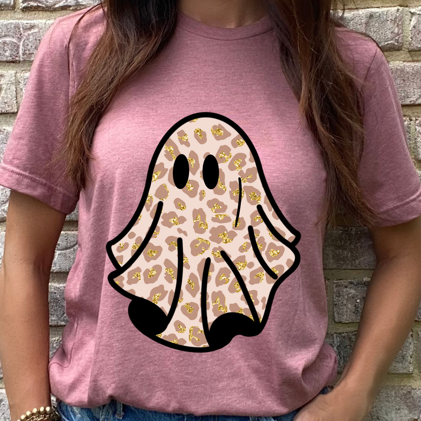 Gold Glitter Leopard Print Ghost Graphic Tee