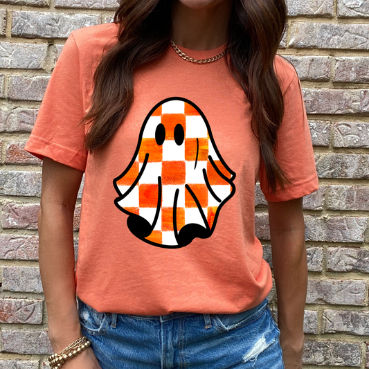 Rustic Orange Checkered Ghost Heather Orange Graphic Tee