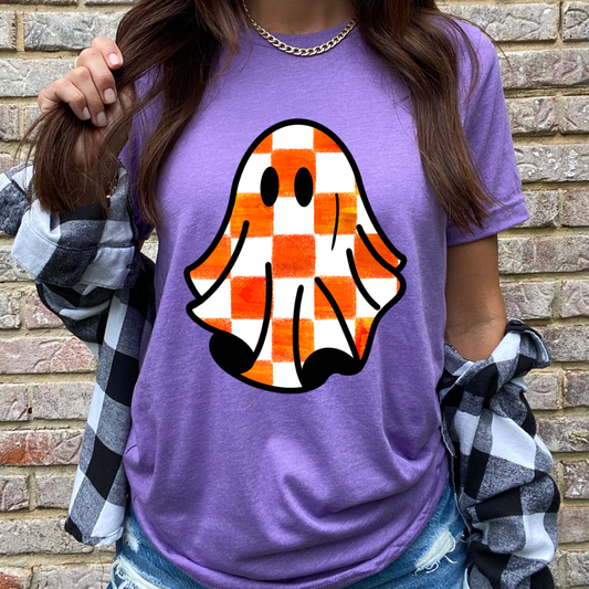 Rustic Orange Checkered Ghost Purple Graphic Tee