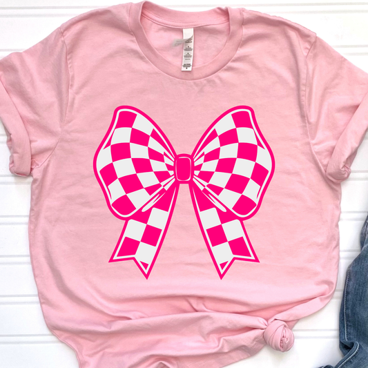 Pink and White Checkered Bow Graphic Tee