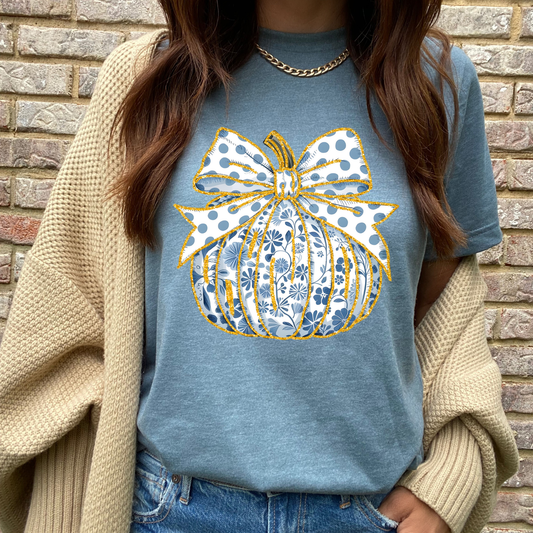 Blue and White Floral Pumpkin Graphic Tee