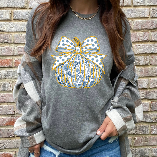 Blue and White Floral Pumpkin Grey Graphic Tee