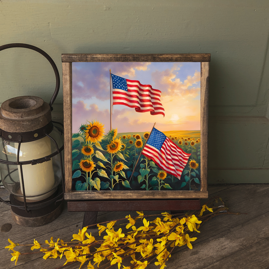 Sunflowers and Flags - 12x12 Wood Print