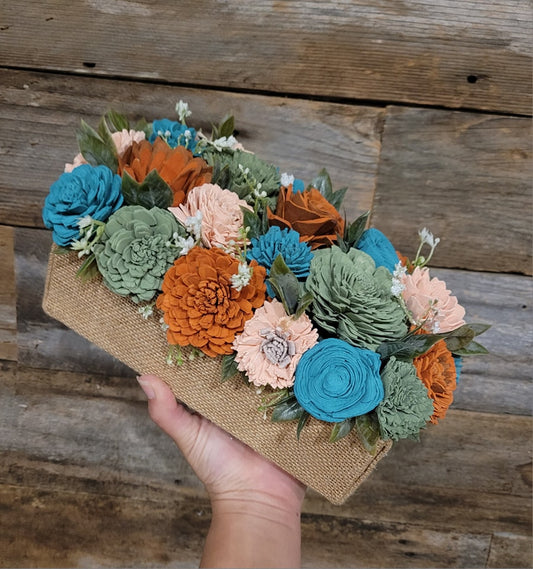 Rustic Rust Burlap 9" Wood Flower Arrangement