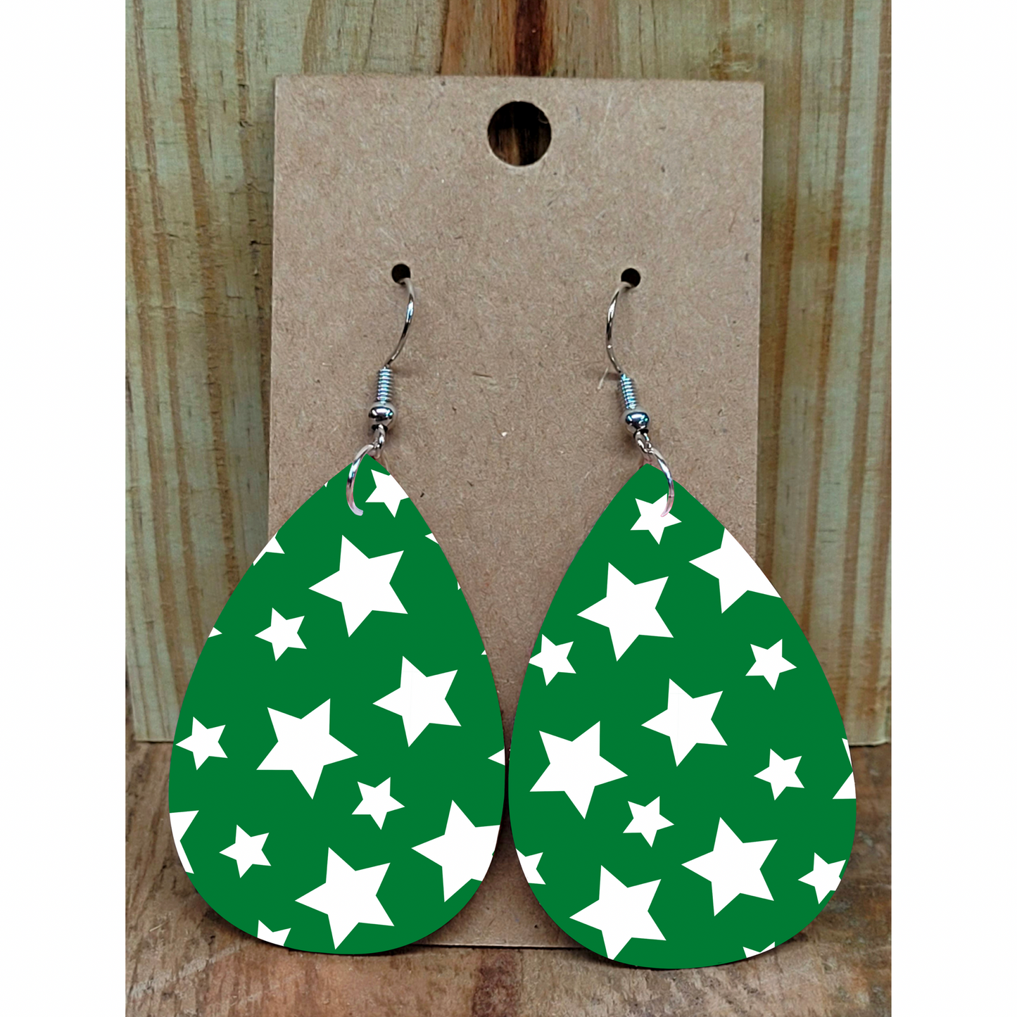 Green and White Star Earrings