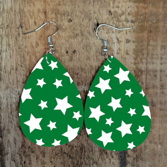 Green and White Star Earrings