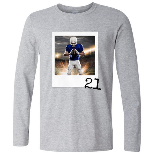Custom Football Photo and Number Long Sleeve Graphic Tee